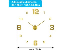 Doe-het-zelf 3D stille wandklok geschikt voor lichtgevende wijzerplaat, boren niet nodig, frameloos acrylmateriaal, inclusief cijferstickers, geschikt voor een moderne inrichting van woonkamers, formaat 80-130 cm