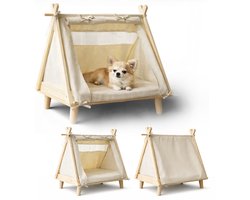 Dogs&Co® Dierentent op Pootjes Ecru - Houten Frame - 60x58x45CM - voor Honden & Katten - Kattenmand - Katten tent - Mand - Poezenmand - Hondenmand - Honden tent