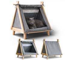 Dogs&Co® Dierentent op Pootjes Grijs - Houten Frame - 60x58x45CM - voor Honden & Katten - Kattenmand - Katten tent - Mand - Poezenmand - Hondenmand - Honden tent