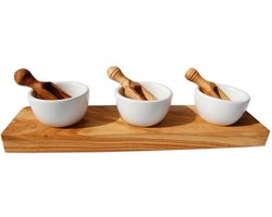 D.O.M. Dip- en Tapas Schaalset – 3 Keramische Schalen met Olijfhouten Lepels