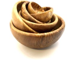 D.O.M. Luxe Olijfhouten Schalen Set – 6-delige Ronde Serveer Schalen, Handgemaakt en Duurzaam