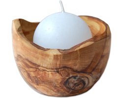 D.O.M. Set Olijfhouten Schaal met Witte Bolkaars – Luxe en Romantische Tafeldecoratie