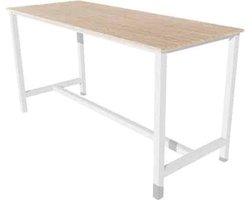 Domino Basic statafel, 160 x 80 cm., vaste hoogte 110 cm., uitgevoerd met versterkt H-onderstel met 50/50 mm. vierkante buispoten met steldoppen, onderstel staal zwart RAL 9011, blad 25 mm. melamine lindberg eiken