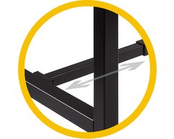 Domino Basic statafel, 160 x 80 cm., vaste hoogte 110 cm., uitgevoerd met versterkt H-onderstel met 50/50 mm. vierkante buispoten met steldoppen, onderstel staal aluminium RAL 9006, blad 25 mm. melamine krijtwit