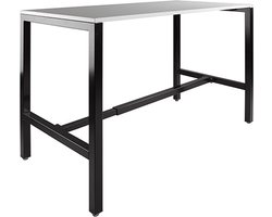Domino Basic statafel, 180 x 80 cm., vaste hoogte 110 cm., uitgevoerd met versterkt H-onderstel met 50/50 mm. vierkante buispoten met steldoppen, onderstel staal zwart RAL 9011, blad 25 mm. melamine robson eiken