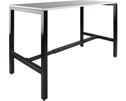 Domino Basic statafel, 200 x 100 cm., vaste hoogte 110 cm., uitgevoerd met versterkt H-onderstel met 50/50 mm. vierkante buispoten met steldoppen, onderstel staal zwart RAL 9011, blad 25 mm. melamine logan eiken