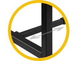 Domino Basic statafel, 200 x 100 cm., vaste hoogte 110 cm., uitgevoerd met versterkt H-onderstel met 50/50 mm. vierkante buispoten met steldoppen, onderstel staal aluminium RAL 9006, blad 25 mm. melamine Schaduw Zwart