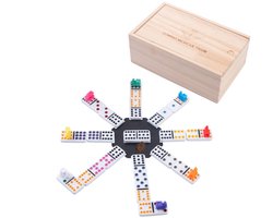 Domino Dubbel 12 Mexican Train – 91 Stenen met Gekleurde Ogen – Houten Kist met Schuifdeksel – Inclusief Station & Treinen – Strategisch Familiespel – Longfield Games