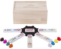 Domino Dubbel 12 Nummers Mexican Train – 91 Stenen met Gekleurde Nummers – Houten Kist met Schuifdeksel – Inclusief Station & Treinen – Strategisch Familiespel – Longfield Games