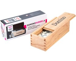 Domino Dubbel 6 Groot – 28 Domino Stenen met Zwarte Ogen & Spinners – Inclusief Houten Kist met Schuifdeksel – Longfield