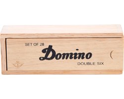 Domino Dubbel 6 Klein – 28 Houten Domino Stenen met Zwarte Ogen – Inclusief Houten Kist met Schuifdeksel – Longfield