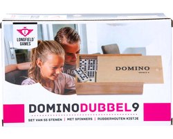 Domino Dubbel 9 Groot – 55 Domino Stenen met Zwarte Ogen & Spinners – Inclusief Houten Kist met Schuifdeksel – Engelhart