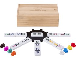 Domino Dubbel 9 Mexican Train – 55 Stenen met Gekleurde Cijfers – 50 x 25 mm – Inclusief Station & Treintjes – Houten Kist met Schuifdeksel – Engelhart Games