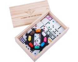 Domino Dubbel 9 Mexican Train – 55 Stenen met Gekleurde Ogen – Inclusief Station & Treintjes – Houten Kist met Schuifdeksel – 50 x 25 mm – Gezelschapsspel – Engelhart Games