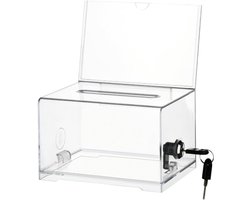 Donatiebox - Stembus - Ideeënbus - Enveloppendoos - Met slot - Transparant - Met bordhouder - Voor fondsenwerving, bruiloft en evenementen - 15 x 22.6 x 10 cm - Transparant