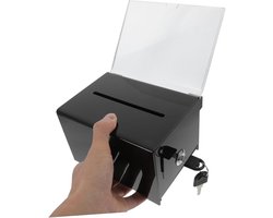Donatiebox - Stembus - Ideeënbus - Enveloppendoos - Met slot - Transparant - Met bordhouder - Voor fondsenwerving, bruiloft en evenementen - 15 x 22.6 x 10 cm - Zwart