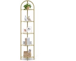 DoneMore® – Hoekplank – 5-laags metalen rek – Gehard glas – Ruimtebesparend – Goudkleurig frame – 28×28×158 cm – 5,3 kg