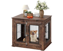 DoneMore® - Hondenkrat meubel - Houten hondenbench met dubbele deur - Kauwbestendig - Met wielen en uitneembare lade - 80x60x66 cm - 18 kg
