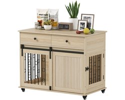 DoneMore® - Hondenkrat meubel met lades - Houten hondenbench met schuifdeur - Met wielen en opbergruimte - Eiken zwart - 100x56x81 cm - 18 kg
