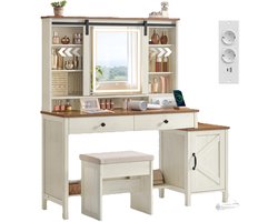 DoneMore® - kaptafel - make-uptafel - met spiegel en verlichting - met laadstation - vintage wit honingbruin - 125 x 40 x 147 cm - 42,7 kg