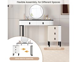 DoneMore® - Kaptafel Met LED Verlichting - Flexibele Montage - bureau - met kruk - opmaaktafel - Massief Hout - Grote Opslag & Mobiele Spiegel - Make-Up Tafel - 100x125x40 cm