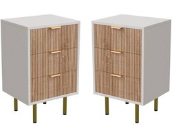 DoneMore® - nachtkastje set van 2 - bijzettafel - 3 lades - minimalistisch design - wit/houtkleur - 40 x 40 x 65 cm