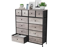DoneMore® - Retro Ladekast met 12 Lades – Metalen Frame – Houtlook – Grijs – Opbergvakken – 110x100x30cm