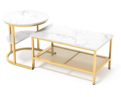 DoneMore® – salontafel set van 2 – 2-in-1 – met opbergruimte – marmerlook – wit/goud – 80 x 46 x 41 cm + 52 x 52 x 51 cm – 14 kg