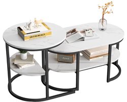 DoneMore® – salontafel set van 2 – 2-in-1 – met opbergruimte – marmerlook – wit/zwart – 80 x 46 x 41 cm + 52 x 52 x 51 cm – 12 kg