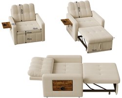 DoneMore® – slaapstoel – uittrekbare slaapbank – 3-in-1 fauteuil – verstelbare rugleuning – met bijzettafel en opbergtas – wit – 70 x 85 x 86 cm – 70 x 190 x 40 cm
