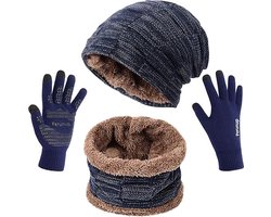 Donker Blauw 3 Stks (Muts + Sjaal + Handschoenen) Winter Warm Gebreide Slouch Beanie Muts Skiën Nekwarmer Sjaal Handschoenen Reeks met Dubbellaags Fleece Voering voor Mannen Dames.