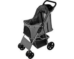 Donker Grijs Hondenbuggy Drager Opvouwbare Trolley Huisdierenwagen 15kg Draagvermogen 4 Wielen Remmen Kat Hond Veiligheid Snelsluiting Riem Kussen Zonnescherm Mand Bekerhouders Waterdichte Regenhoes