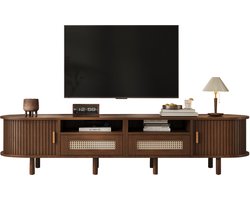 Donker Notenkleur Mdf Tv Meubel 170x40x40cm Woonkamer Ovaal Rotan Schuifdeuren Houten Poten
