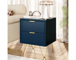 Donkerblauw Nachtkastje met 2 Lades – MDF, Lattenfront, Gouden Metalen Handgrepen & Poten, Scandinavisch Design