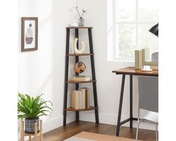 Donkerbruine Hoekplank Met Industrieel Ontwerp - 4 Niveaus, Staande Planken, Boekenplank, Ladderrek, Eenvoudige Montage, Stabiel Metaal Frame - Perfect Voor Thuis, Slaapkamer, Balkon
