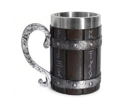 Donkerbruine zilverkleurige Viking mok met runen – 600 ml drinkmok voor heren en dames – houten vat design met metalen banden en sierlijk handvat – roestvrijstalen binnenkant – Noords thema – 1 stuk