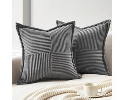 Donkergrijze kussenhoezen set van 2 stuks 45x45 cm, premium corduroy stof, zachte pluche kussenslopen voor woonkamer en slaapkamer, moderne gestreepte patchwork design