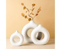 Donut Vaas, Witte Donut Keramische Vaas Set van 3 voor Modern Huisdecoratie,Ronde Matte Vazen voor Pampasgras,Boho Vazen voor Decoratie van Woonkamer,Slaapkamer, Eettafel (Groot+Medium+Klein)