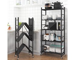 Doogo® Inklapbare plank kast - Met 360° wielen - Inklapbaar - Zwart - 5 laags 72x36x162CM - Open Vakkenkast - Wandkast - Keuken Organizer - Keuken Opslag - Boekenkast -Roestvrij Staal - Roestvrij en krasvrij
