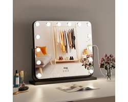 doop Hollywood Make-up Spiegel 57×48 cm – 14 Dimbare LED-Lampen – 3 Lichtstanden – Kantelbaar – USB & USB-C – Grote Kaptafel Spiegel met Verlichting – Zwart
