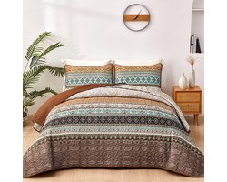 Doorgestikte Bedsprei - Boho Stijl - 3-delig Microvezel voor Tweepersoonsbed en Bankovertrek - Bruin 220x240 cm met 2 Kussenslopen 50x75 cm