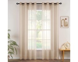 Doorschijnende gordijnen - Gardine met ringen - Woonkamer decoreren - Luchtig polyester materiaal - 140x290 cm - Kaki