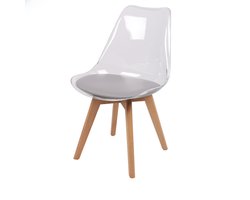 DOORZICHTIGE SCANDINAVISCHE STOEL MET GRIJS KUSSEN EN HOUTEN POTEN x4