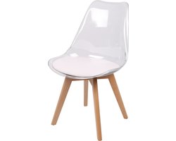 DOORZICHTIGE SCANDINAVISCHE STOEL MET WIT KUSSEN EN HOUTEN POTEN x4