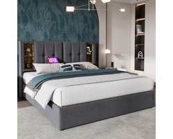 Doppelbett 140x200 cm - Draadloos opladen USB C - Gestoffeerd bed - Opbergruimte - Houten lattenbodem - Grijze katoen (Zonder matras)