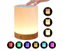 DOPWII LED Nachtlamp – Dimbare Touch Tafellamp met 16 Kleuren, Warm Wit Licht, Houtnerf Design – Oplaadbare Bedlamp met Haak, 3 Helderheidsniveaus – Voor Slaapkamer, Kinderkamer, Camping, Geschenk