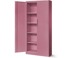 Dossierkast-Kantoorkast-Metalen-Kast-Met-4-Verstelbare-Planken-Afsluitbaar-Gepoedercoat-195x90x40-Cm-Roze