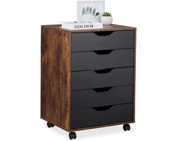 Dossierkast - Ladekast – 5 Lades – Kantoorkast op Wieltjes – Bruin/Zwart – 66,5 x 48 x 39,5 CM