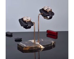 Double horloge standaard Bruin&Zwart marmer met Goudkleurig staander en Zwart leren kussen | Horloge houder | Watch display