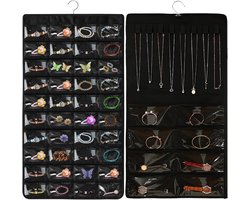Double Sided Jewelry Organizer – 40 Compartments voor Oorbellen/Ringen & 8 Chains – Multifunctionele Sieradenopslag (Deur/Wand) – Hoogwaardige Ruimtebesparende Oplossing